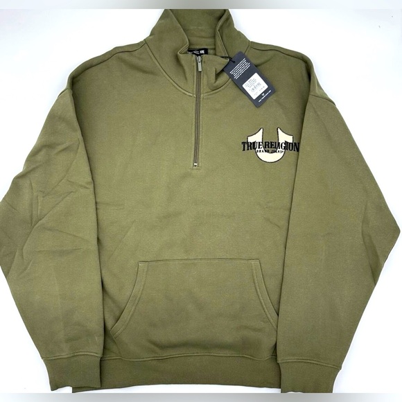 Men’s True Religion Green Relaxed Mock Quarter Zip Fleece Pullover- NWT - Picture 3 of 11